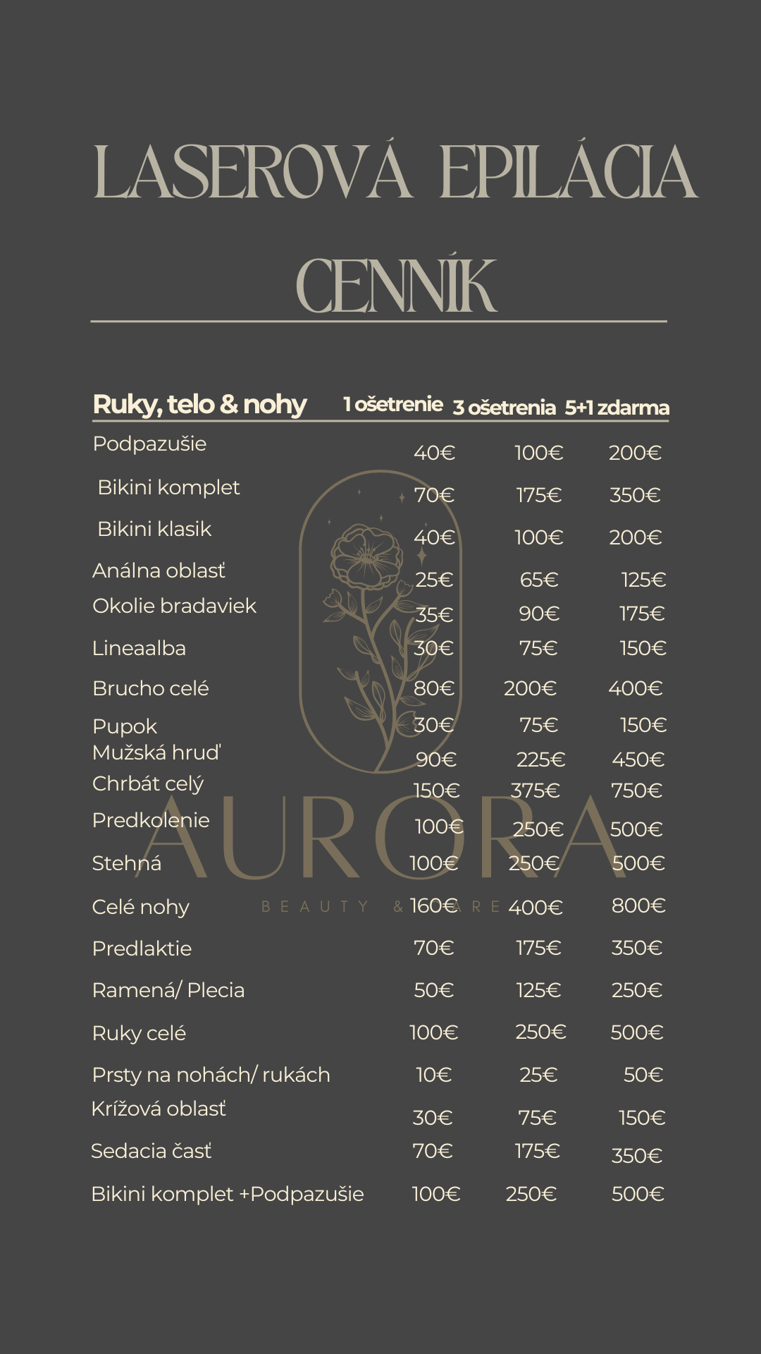 aktuálny cenník aurorabeauty.sk